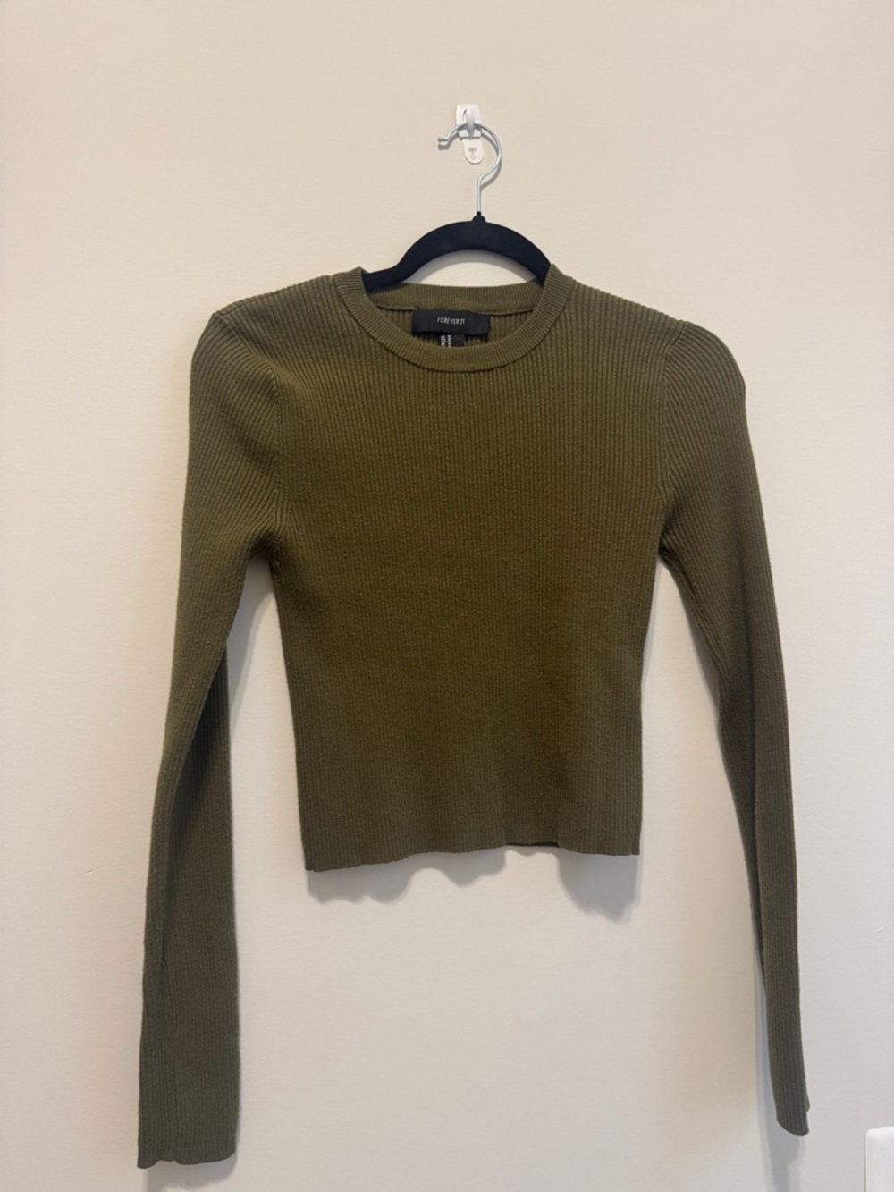 Forever 21 Olive Ribbed Crewneck Long Sleeve Top